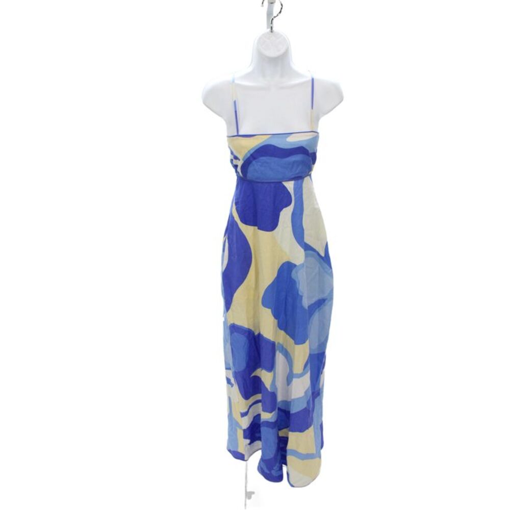 Sabo Womens Maxi Dress Blue Linen Geometric Square Neck Sleeveless Zip Size 2XS